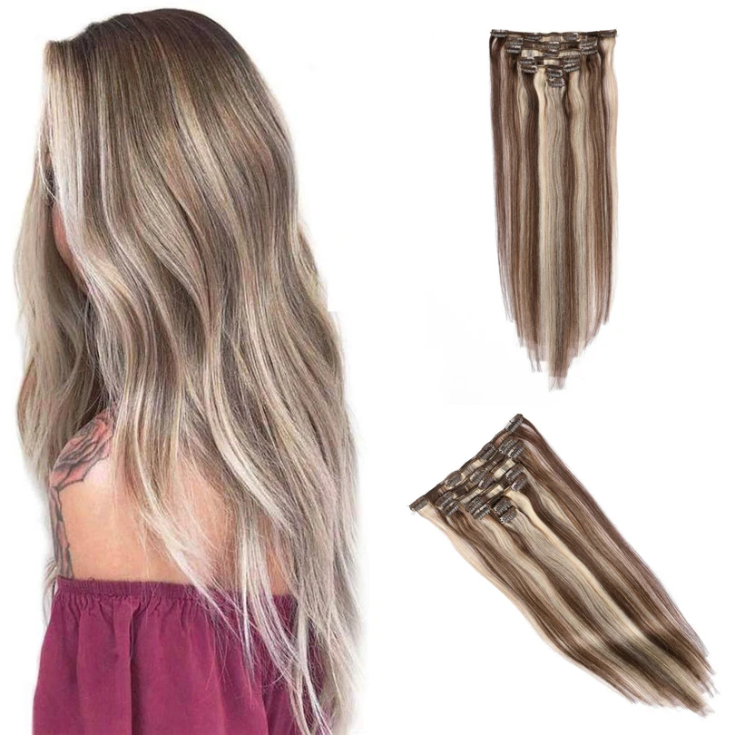 Highlights Color Straight Remy Hair 7pcs Clip in Human Hair Extensions Real Natural Hair Extensions