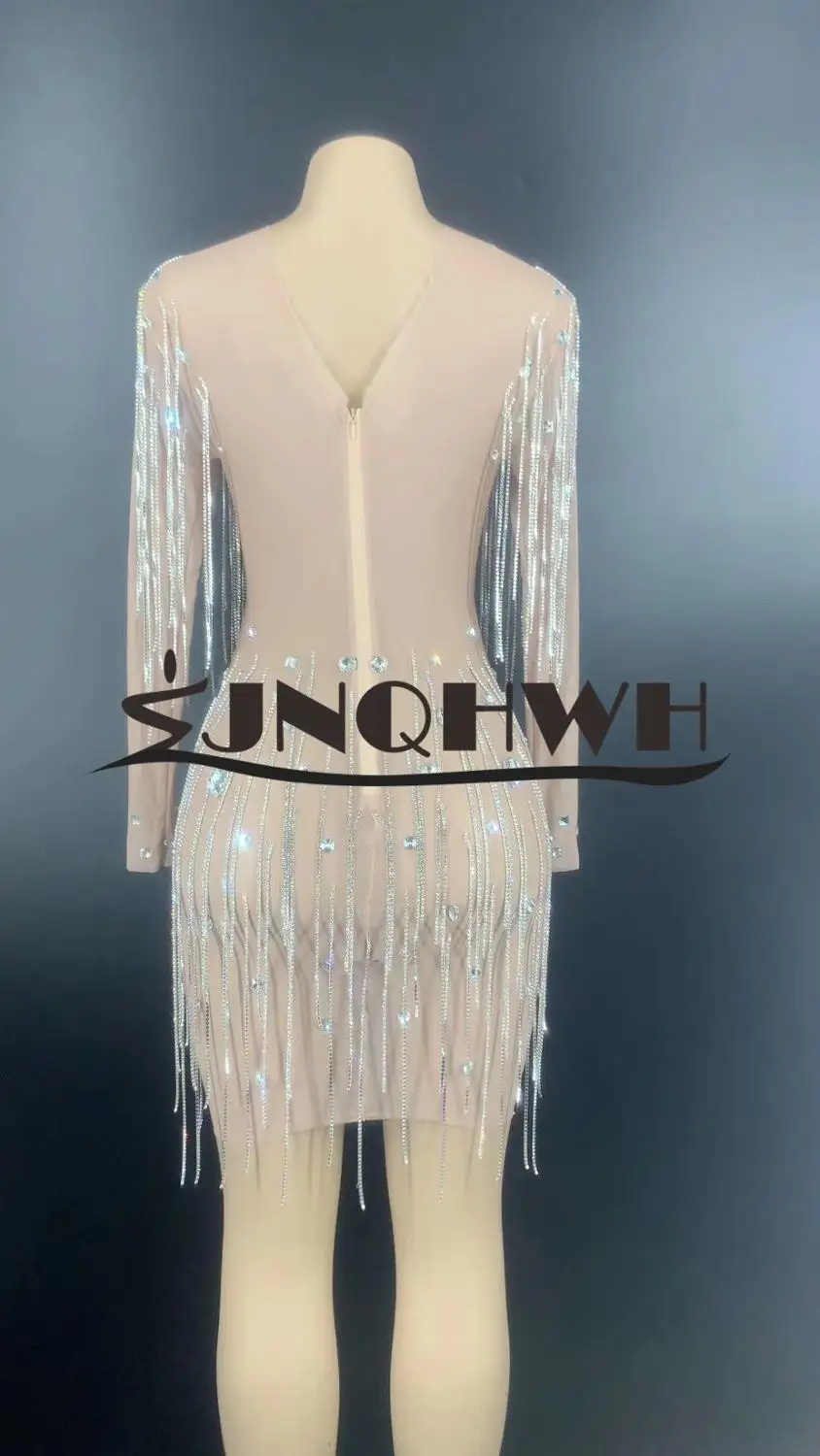 

khaki Sexy Mesh Beading dress 2020 New women O-Neck long sleeve Bodycon Celebrity Evening Party Bandage Dress