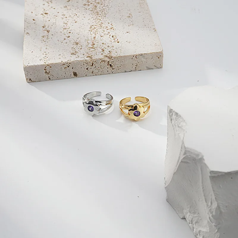 Модные открытые кольца золотого и серебряного цветов с фиолетовым цирконием для