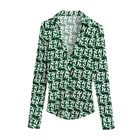 2021 autumn new women green fashion printed slim blouse vintage v neck long sleeves button up female shirts chic tops