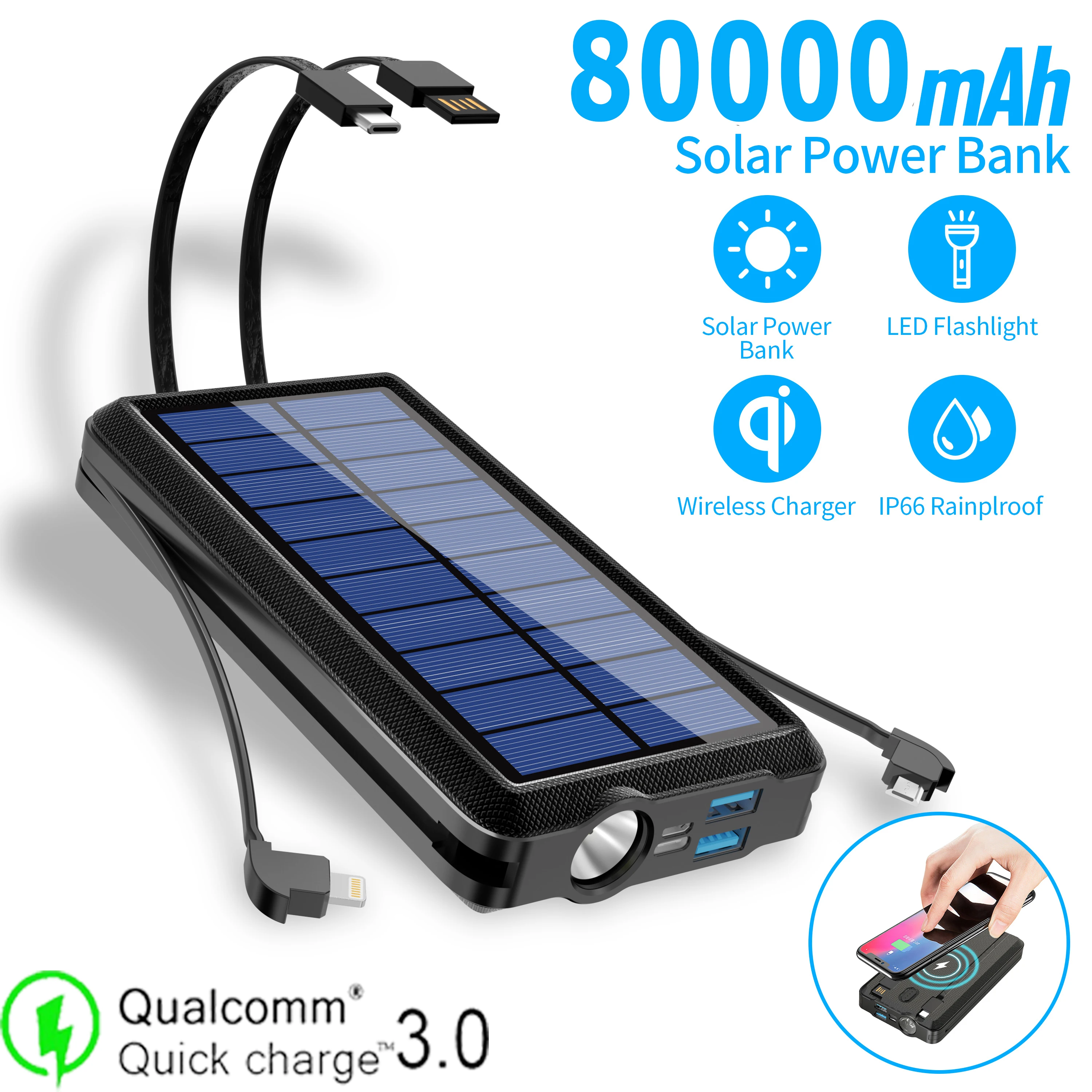 Qi 80000 мАч беспроводной Solar Power Bank портативное Внешнее зарядное устройство быстрой