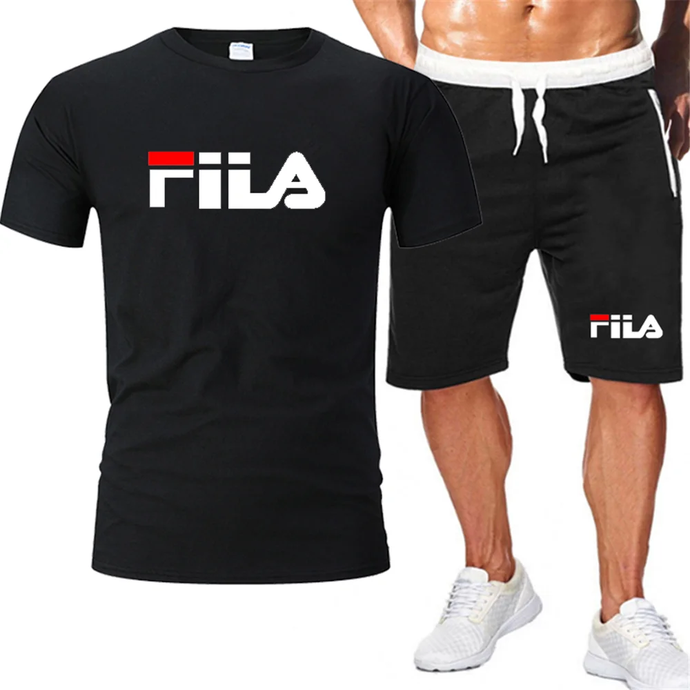 

Summer men's casual suit, cotton T-shirt + shorts, two-piece suit, printed sportswear, loose O-neck running suit, size S-XXL