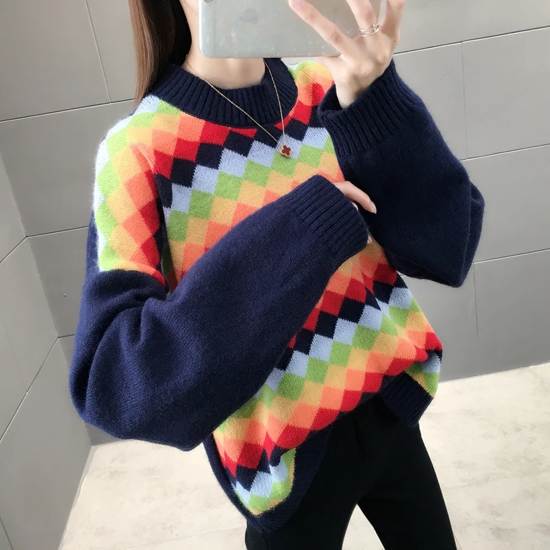 

431552 - Colour diamond semi-high circular collar knitted sheath sweater [S zone 21 left]ag