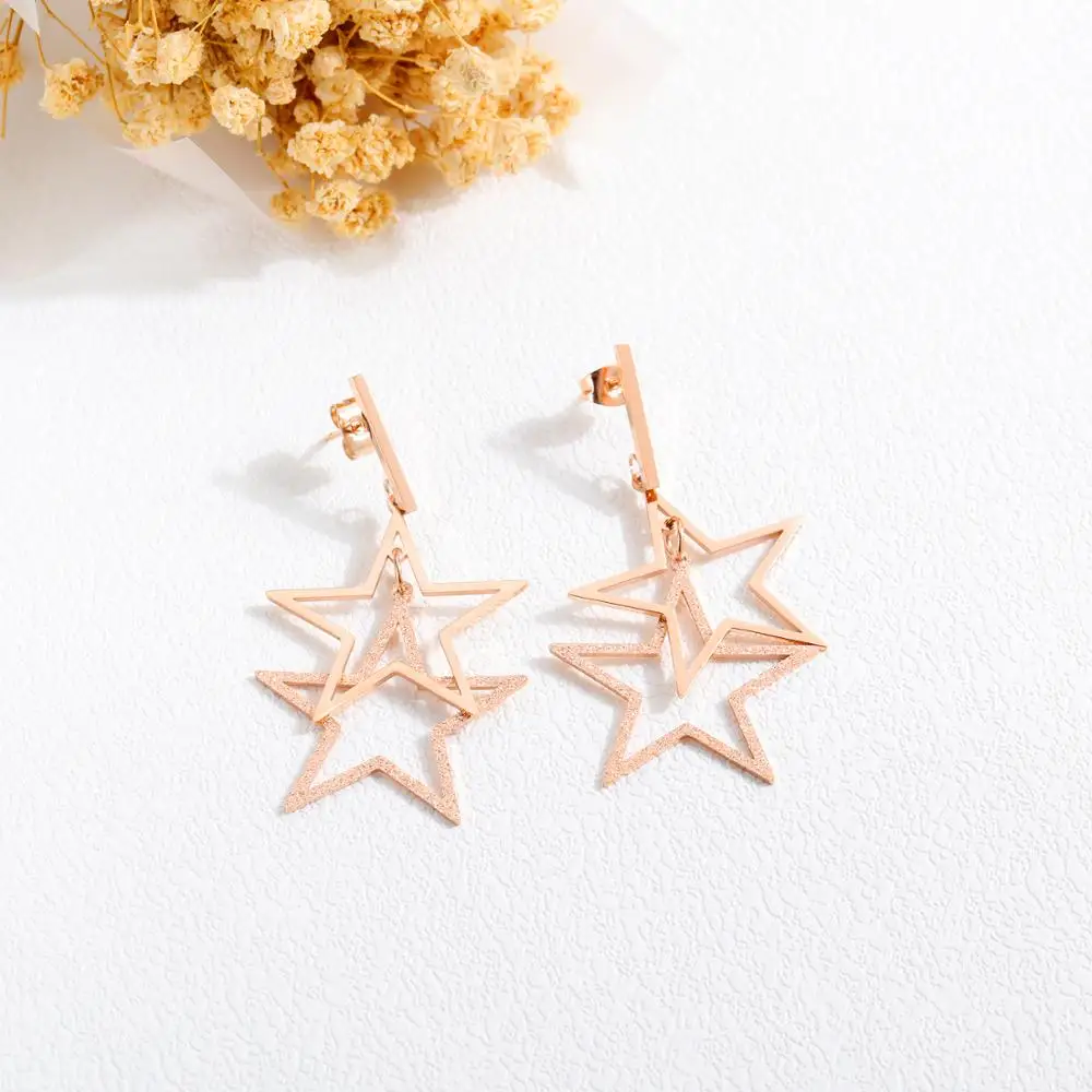 

New Trendy Rose Gold Frosted Hollow Star Pendants Drop Earrings for women 2020 Kpop Stainless steel Earrings Jewelry Accessories