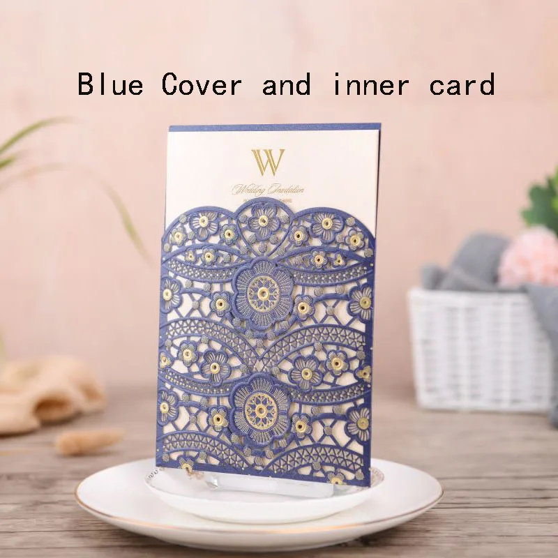 Blue Cover Insert 50 шт. лазерная резка, для свадьбы Пригласительные карты кружева полые Флора элегантные Пригласительные открытки на заказ для свадьбы украшения для вечеринки - Цвет: Blue Cover Insert