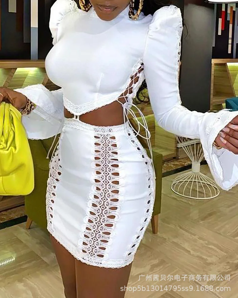 

Women Top + Skirt Clothes Set New Lace-up Full Flare Sleeve O Neck Top Mini Sexy Hollow Out Skirt Lace Suit Solid Color Casual