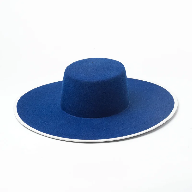 Neue Blau Echt Wolle Flache Fedora Hut Männer Wome einfarbig Große Breite Krempe Fühlte Hut Derby Party Kirche Hut einstellbare Panama Jazz Hut – Detail 8