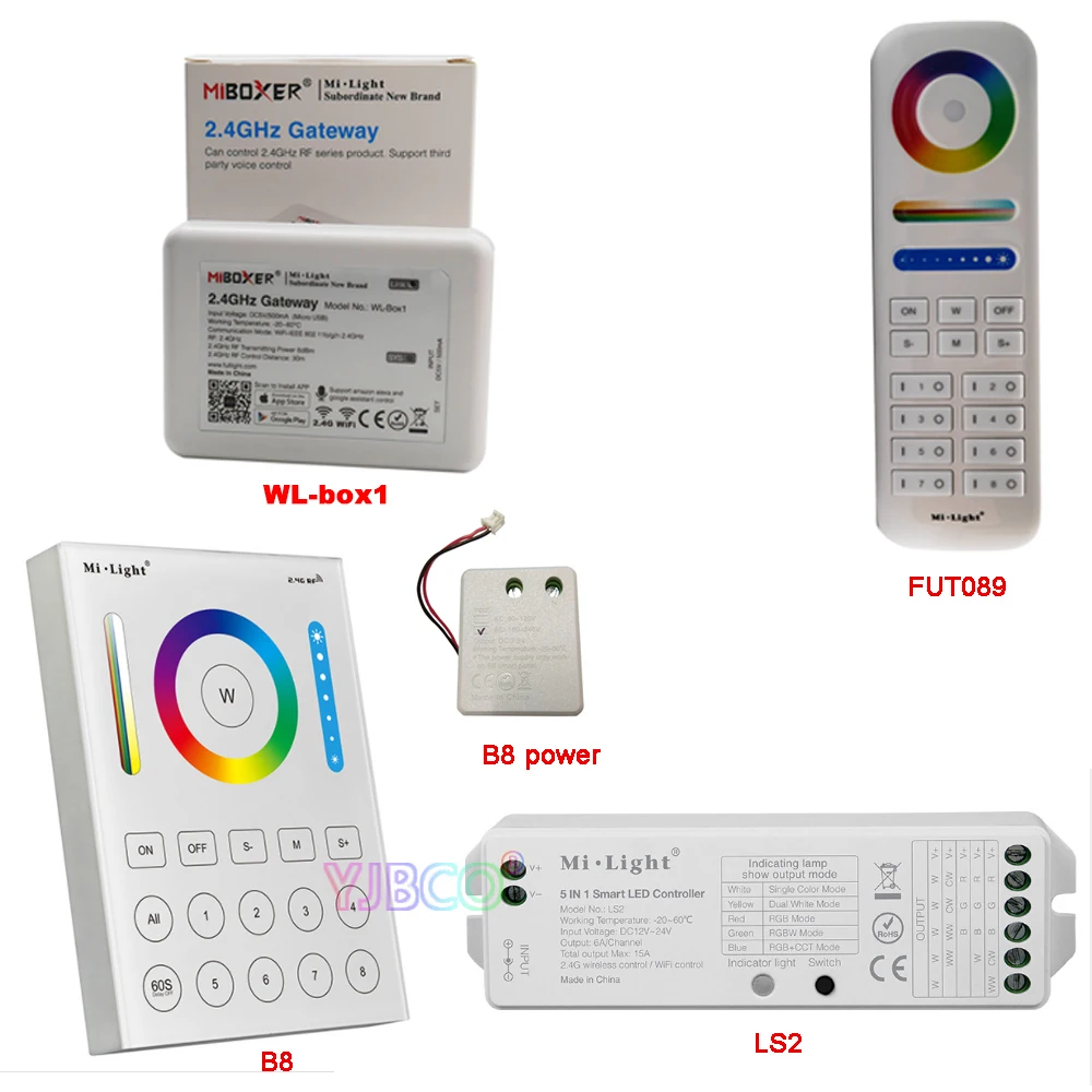 

Miboxer FUT089 2.4G RGB+CCT wireless 8 Zone remote B8 Wallmounted Touch Panel LS2 5IN 1 smart led strip controller WL-Box1