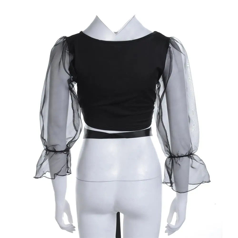 Женские повседневные прозрачные сетчатые пышные Топы с длинным рукавом