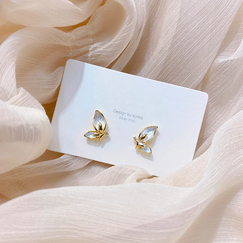 

New Trendy Morandi Style 14K Real Gold Plated Cute Small Butterfly Earrings for Women Jewelry AAA Zircon S925 Silver Needle Stud