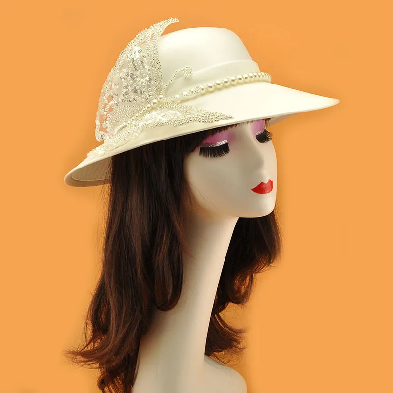 

White Women Top Hat Handmade Pearls Butterfly Decoration Satin Wedding Hat bijoux de tete mariage oriental Chapeau mariage femme