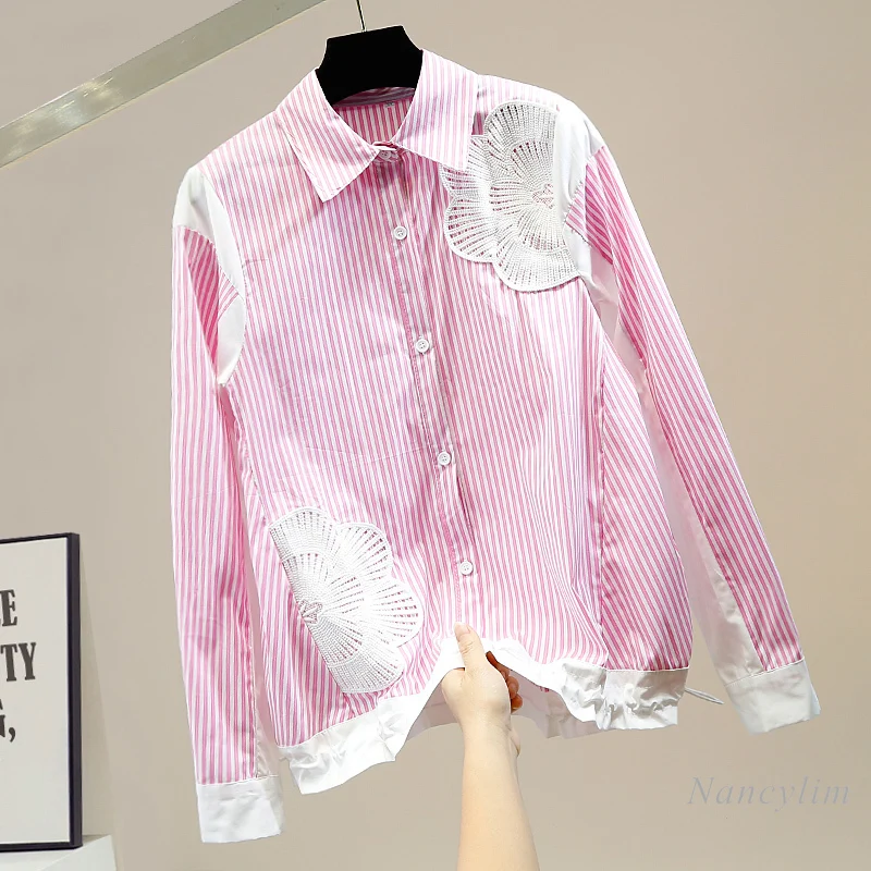 Women Stripe Shirt Lapel Drawstring Single-Breasted Fashion Design Loose Casual Top Lady Lace Patch Blouse 2021 Spring