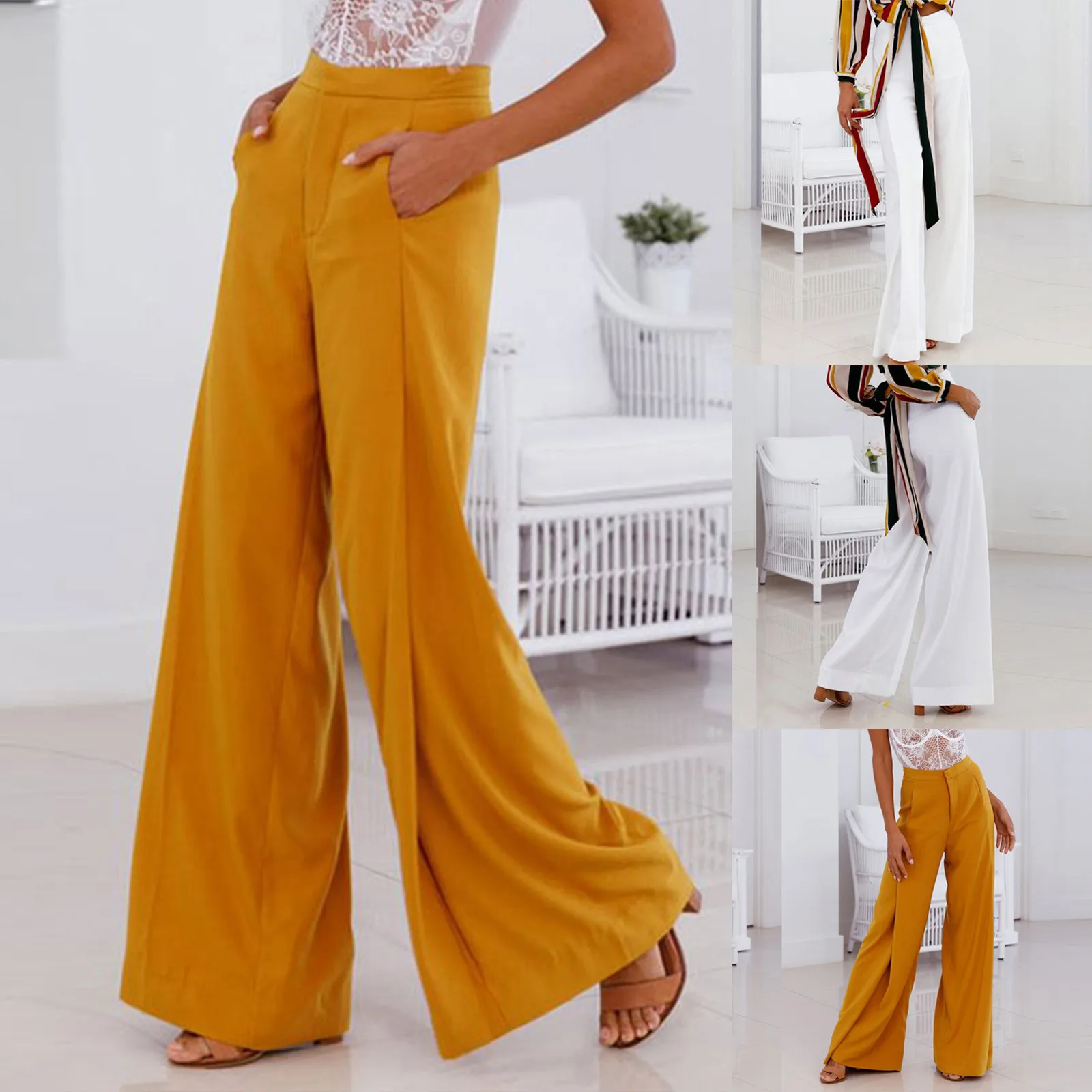 Женские прямые широкие брюки в стиле ретро однотонные повседневные длинные с