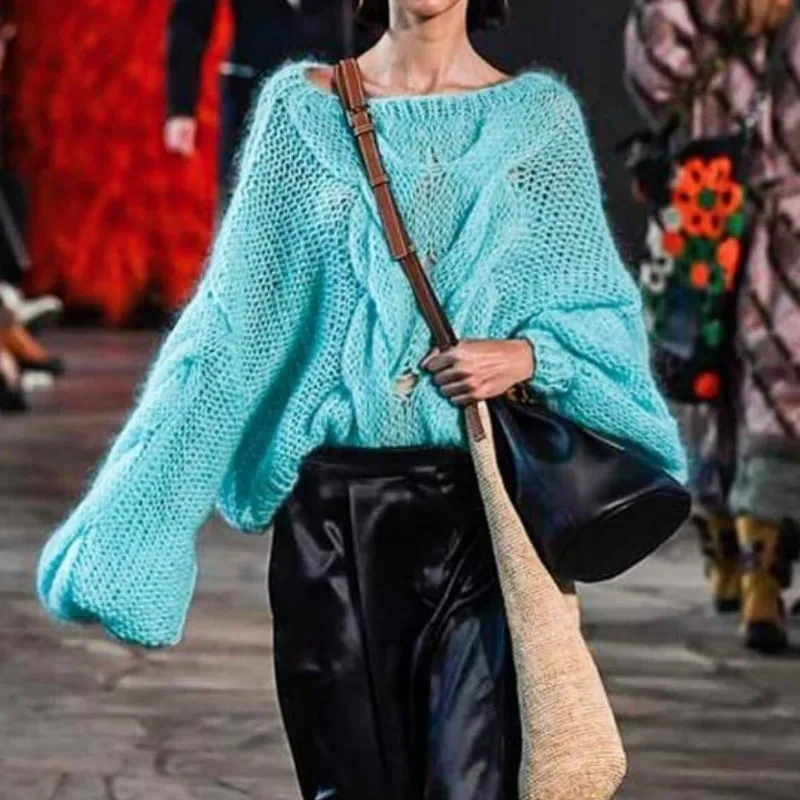 Новый осень-зима уличная ручной работы мохер свитера с рукавами-фонариками