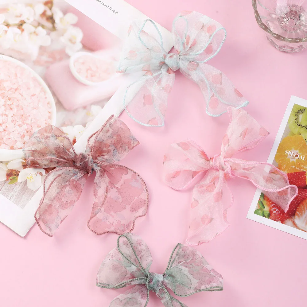 

Floral Printing Hair Clips For Girls Women Long Tail Bows Hairpin Baby Mesh Barrettes Children Korean Style Hair Accessories