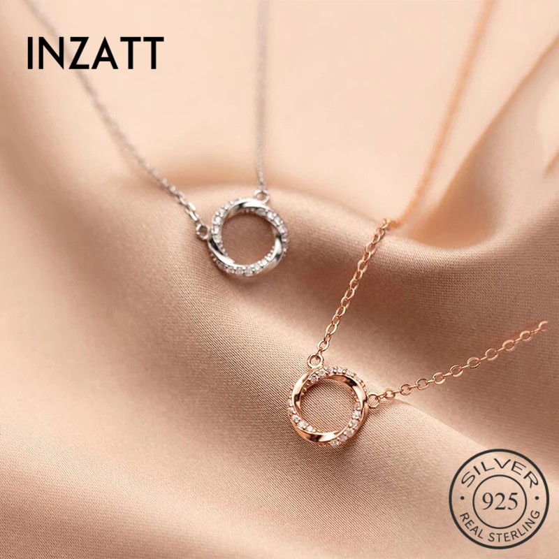 

INZATT Real 925 Sterling Silver Zircon Twist Round Choker Necklace For Fashion Women Minimalist Fine Jewelry Cute Accessories
