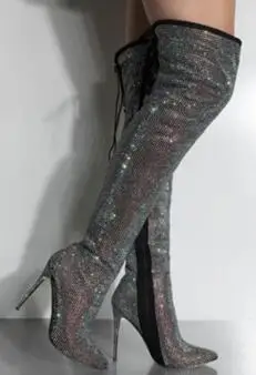 

Hot Women Luxurious Rhinestone Pointed Toe Over Knee Thin Heel Boots Red Black Bling Crystal Slim High Heel Long Boots