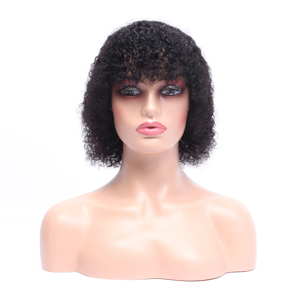 

Curly Human Hair Wig With Bangs Full Machine Made Short Jerry Curl Human Hair Wig For Black Women Remy Pixie Cut Wig
