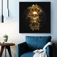abstract totem golden skull with black flower canvas painting art poster and prints wall art picture for living room home decor