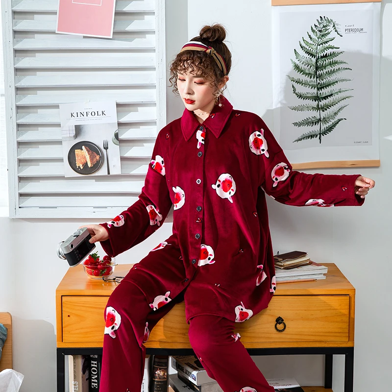 Фланелевые пижамные комплекты женские зимние пижамы кардиган с длинными