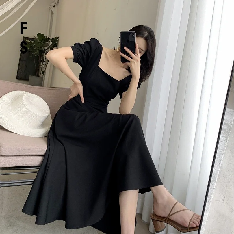

Elegant Black Midi Dress Women Gothic Square Collar One Piece Dress French Retro Hepburn Long Dresses 2022 Party Dress Lady Robe