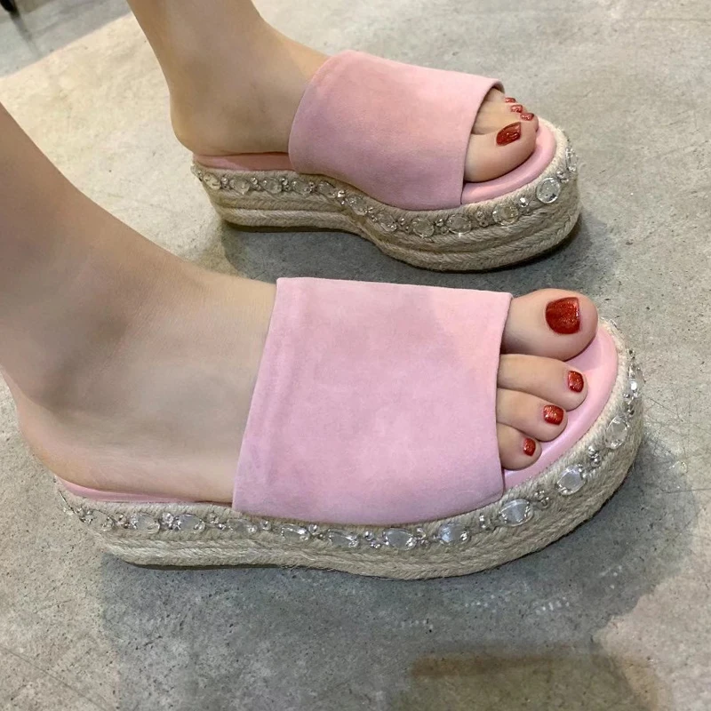 

2021 New Weave Women Sandals Black Outdoor Casual Fashion Slippers Ladies Walking Height Increasing Diamond Sandals for Female