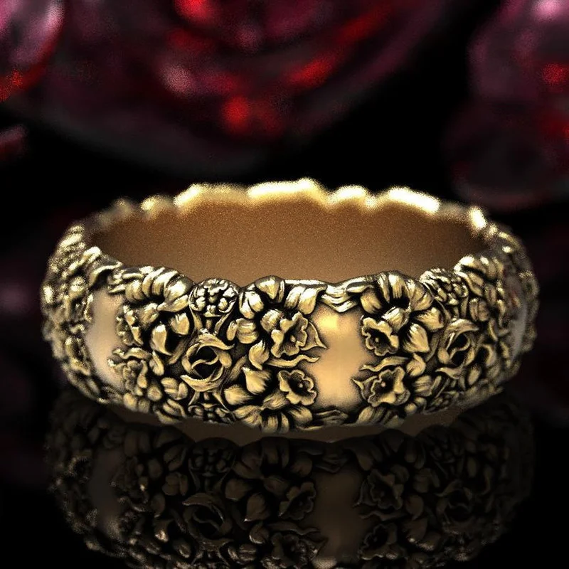 

Gu Li Explosive Fashion Female Retro Pattern Carved Flower Ring For Women European And American Party Jewelry Accessories