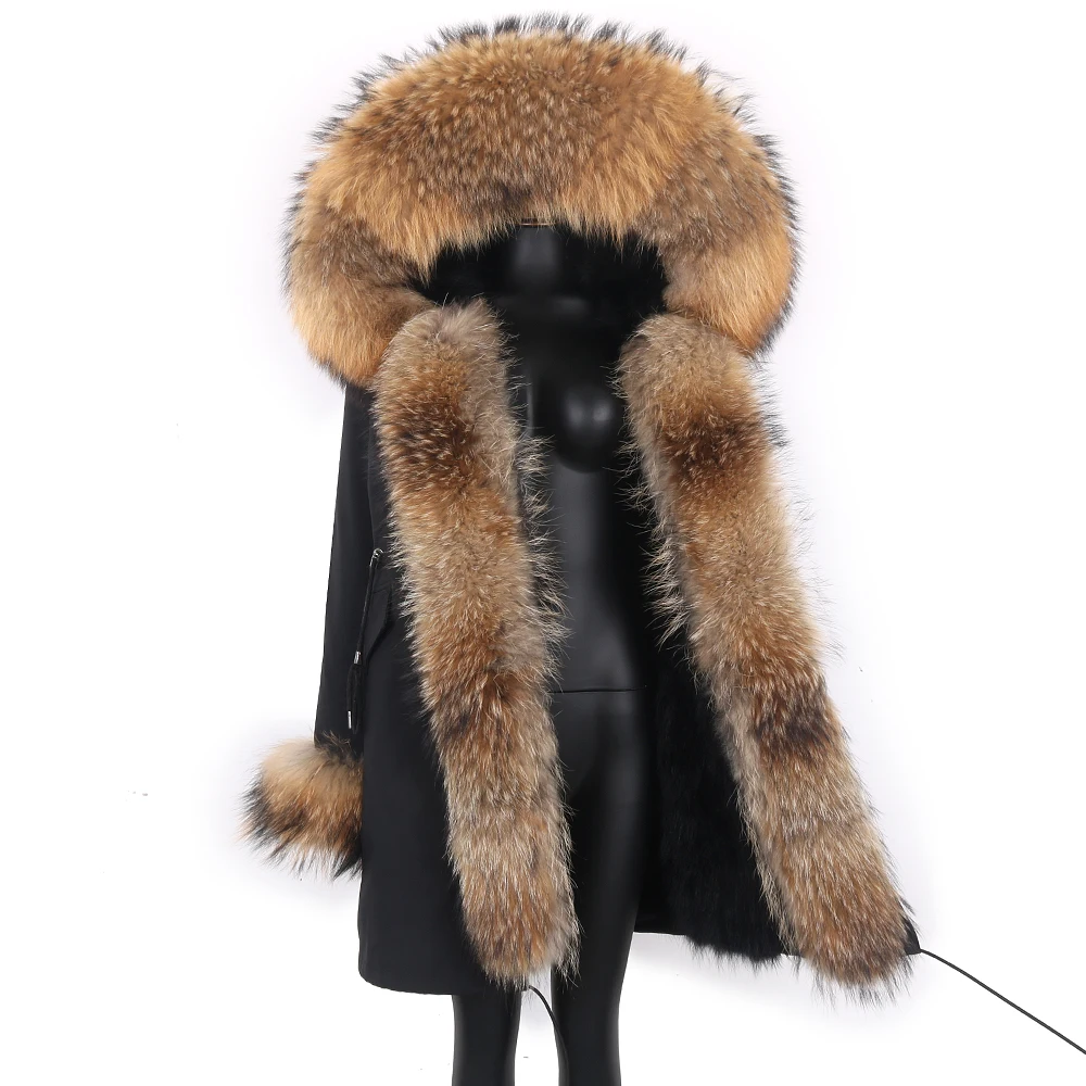 2022 Fashion Big Fur Outerwear Detachable Winter Jacket Women Real Fur Liner Natural Real Silve Fur Collar Loose Long Parkas