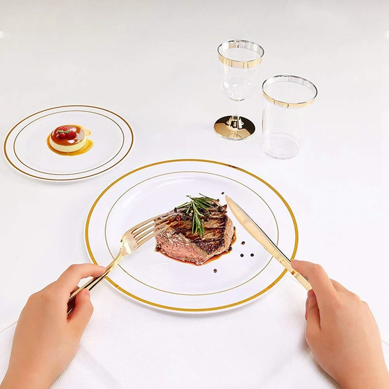 

30 Dinner Plates 10.25 Inch and 30 Salad/Dessert Plates 7.5 Inch (Gold) & 10 Pcs Leaf Napkin Buckle Napkin Ring