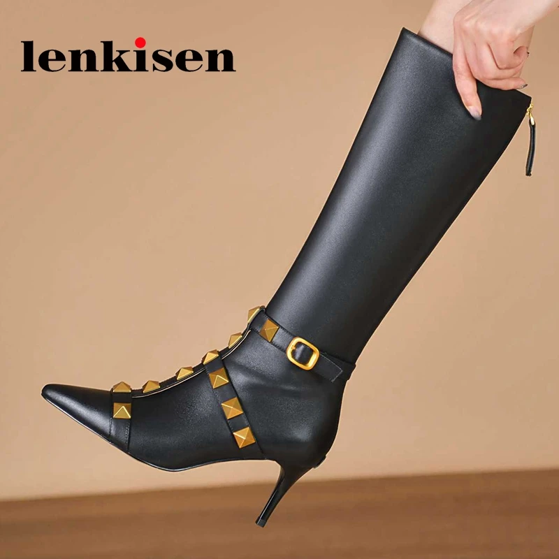 

Lenkisen genuine leather pointed toe stiletto high heels rivet decoration Korean street beauty girls sweet thigh high boots L77