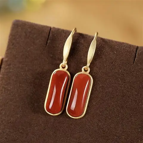 

Original S925 Sterling Silver Gilding Southern Red Agate Hetian Jade Simple Elegant Natural Jade Fashion Women's Earrings Earrin