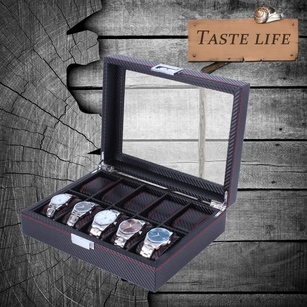 

Watches Storage/Watch Case/Watch Box Made of PU Leather in Wood Grain and Real Glass with 10 Grids for 10 Watches