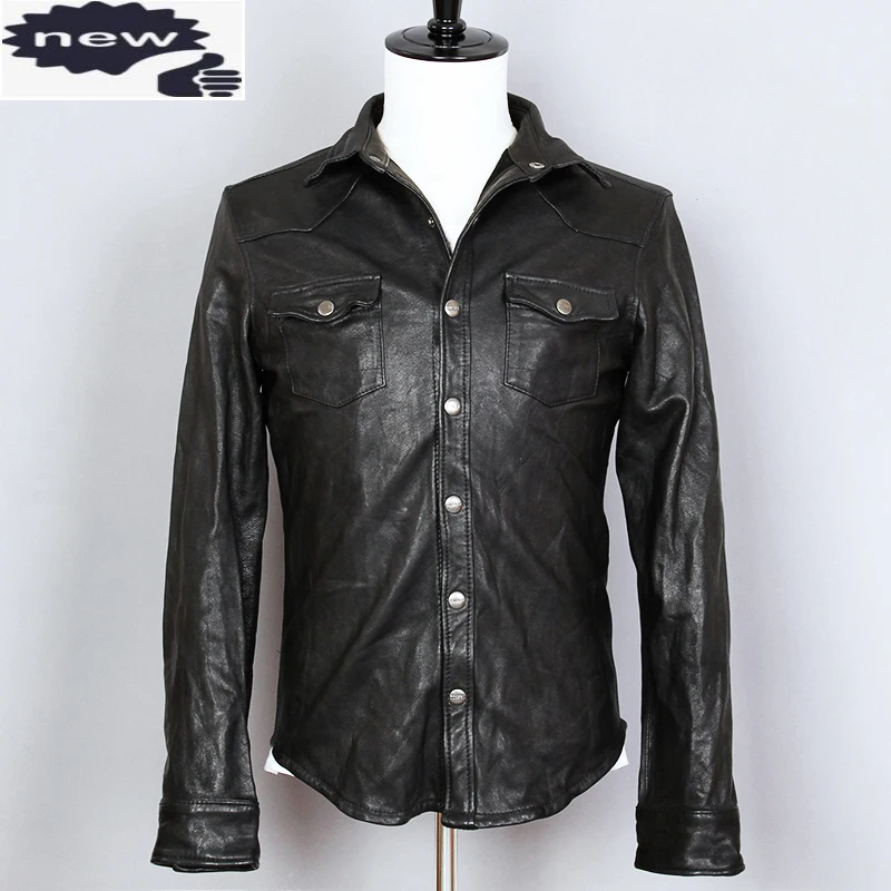 

Мужская Тонкая приталенная куртка, черная Повседневная куртка из натуральной овечьей кожи со складками, 2021