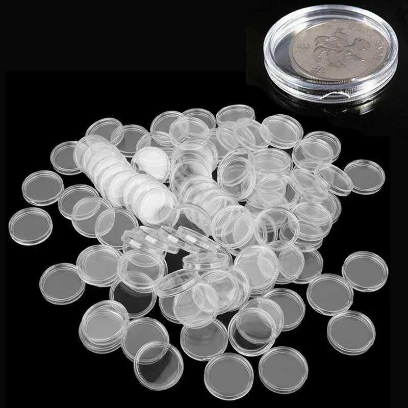 

100PCS Silver Dollar Coin Holders Coin Box Coin Sase Clear Plastic Money Round Case Boxed