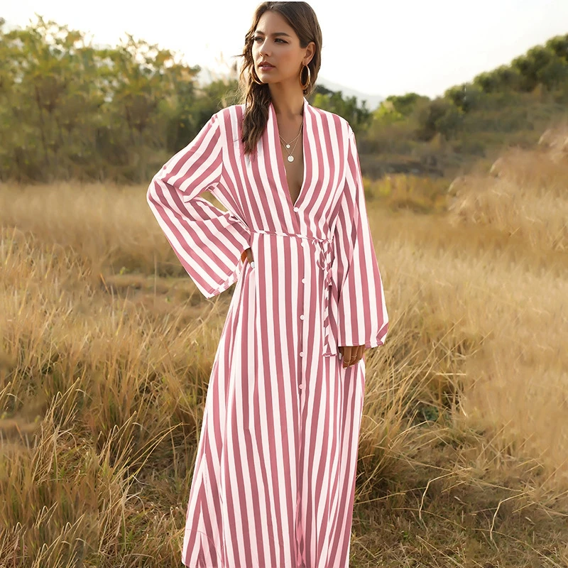 Длинное платье-рубашка 2020 весна-лето полосатые пляжные платья бохо женское