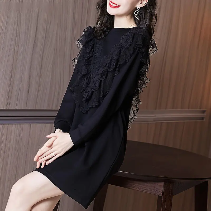 

Autumn Winter New Women's Clothing Fashion Ruffles Lace Stitching Loose Long Sleeve Sweater Dresses for Women Vestido De Mujer