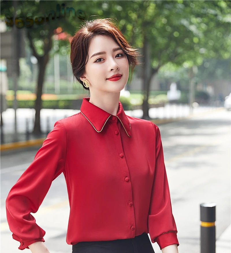 

Fashion Red Long Sleeve Blouses Shirts for Women Business Work Wear Spring Autumn OL Styles Blouse Blusas Tops Clothes
