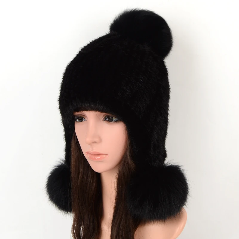 Real Mink Fur Knitted Hats Autumn Winter Hat Womens Luxury Winter Lady Warm Caps Real Fur Fox Ball Earmuffs Women Knitted Hats