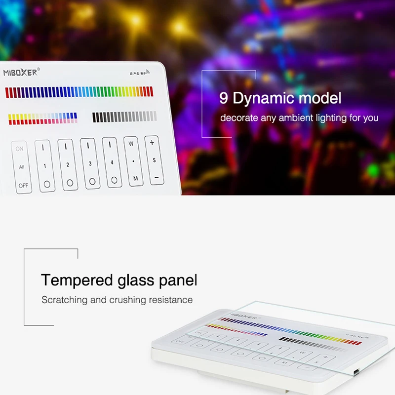 

Italian Standard RGB + CCT Panel Remote 4 Zone DC3.3V 2.4GHz Wireless RF Dimmer Compatible MiBoxer RGB RGBW Series Controller