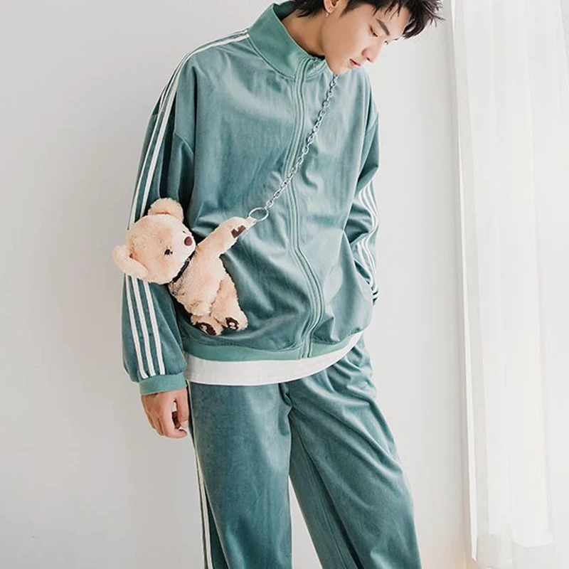 

European and American men's autumn plus fleece sweater casual pants two-piece suit loose boy sports suit male two-piece suit