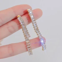 luxury shiny crystal square cz cubic zirconia gold color long tassel stud earrings for women girls gifts party fashion jewelry