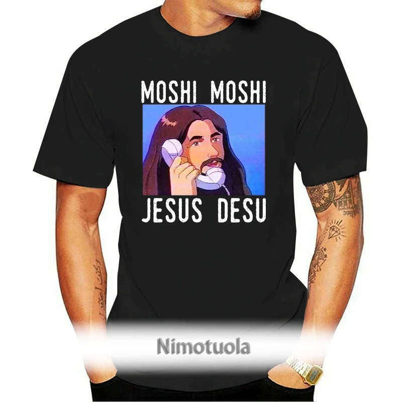 

Moshi Moshi Jesus Desu Funny Meme T Shirt Black Cotton Men S 6Xl Shirt 010430