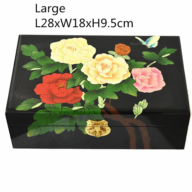 Vintage Big Wooden Jewel Storage Box with Lock Chinese Lacquerware Decorative Collection Box 2 Layer Large Wedding Jewelry Case