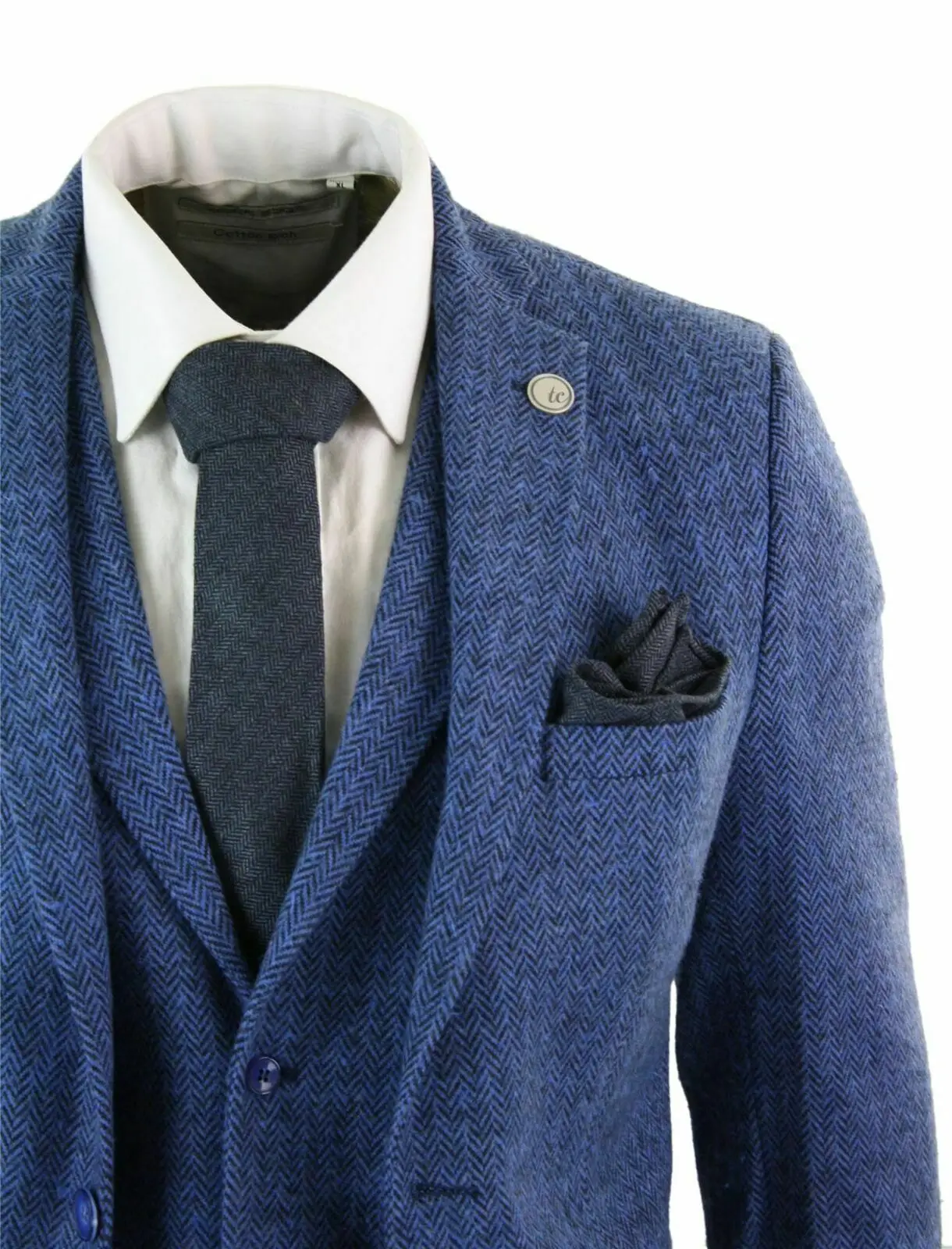 

Mens Blue 3 Piece Tweed Suit Herringbone Wool Vintage Retro Peaky Blinders Fit