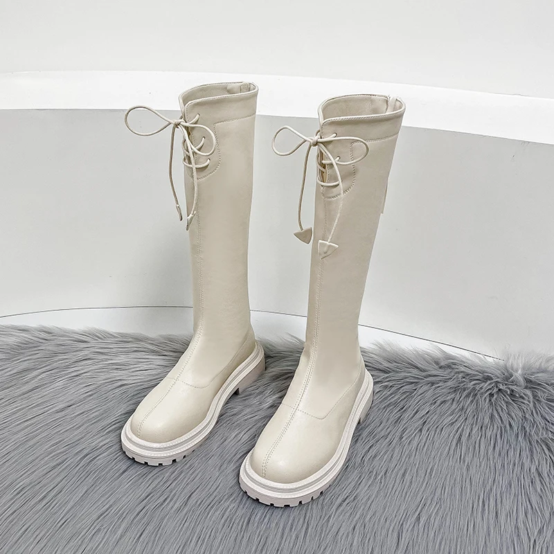 

Women Thigh High Boots Women Casual Plush Knee Boots Brand Designer lacing Ladies Leather Long Boots White Shoes 2021