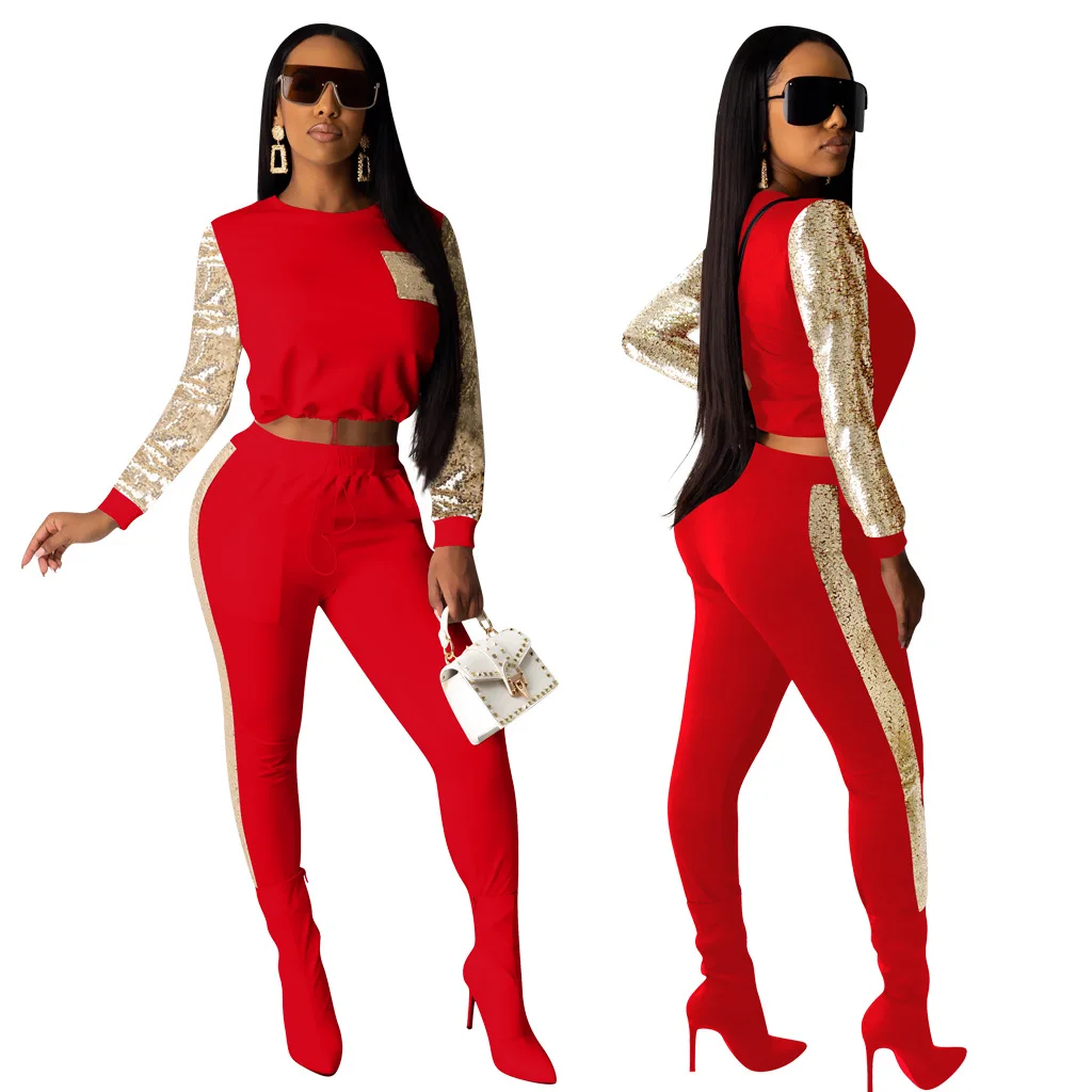 Sequin Splice 2 Piece Set Women Tracksuit Fall Winter Festival Clothes Crop Top and Pant Sweat Suits Sexy Club Outfits | Женская одежда