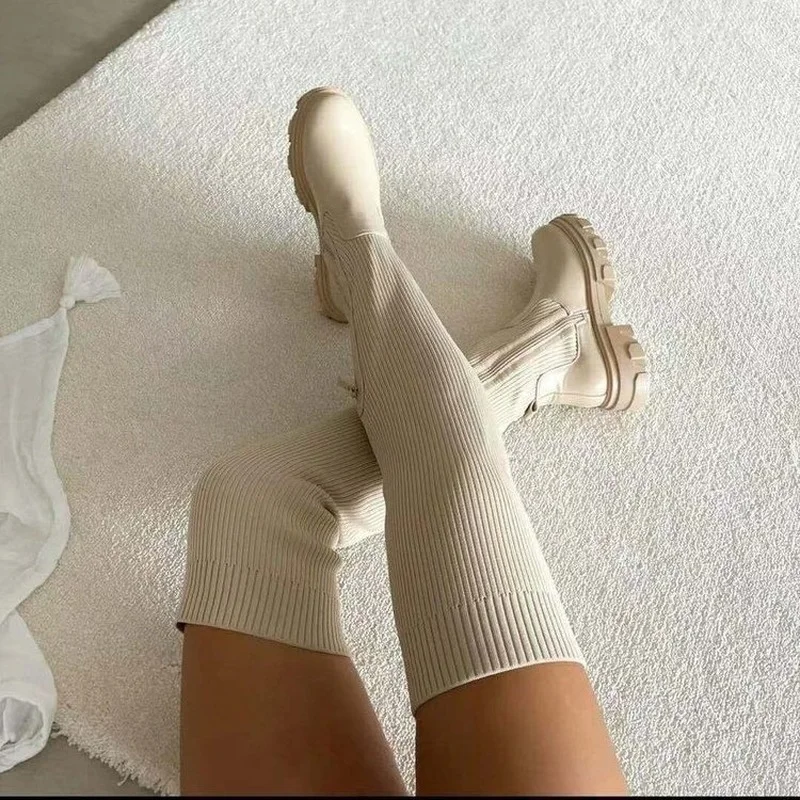 

Women's Over-the-knee Boots 2021 New Women's Knitted Elastic Socks Boots Slim Thick-soled Round Toe Large Size Women's Boots