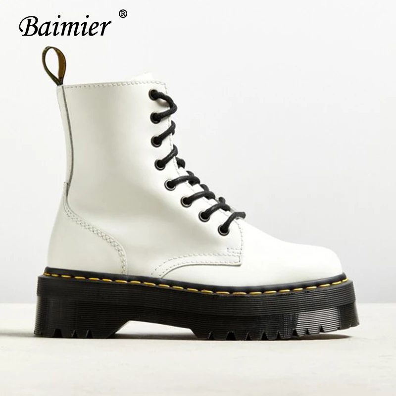 White Boots Baimier Black Patent Leather Ankle Boots For Women Lace Up Platform Boots Women Winter Warm Plush Women Boots Street Style Shoes - Цвет: White Boots