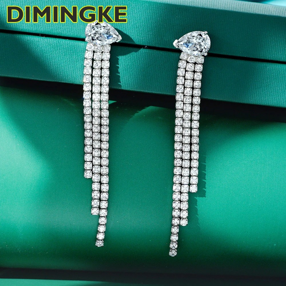 

DIMINGKE Fashion 7*10MM High Carbon Diamond Long Tassel Earrings Woman S925 Sterling Silver Jewelry Wedding Party Gift