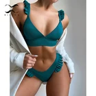 Купальник женский с оборками, однотонный купальный комплект в рубчик, пуш-ап, с высоким вырезом, пляжная одежда 2021